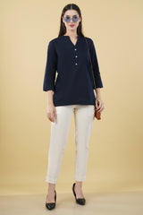 NAVY BLUE LINEN SHORT KURTA - SKYTICK NAVY BLUE LINEN SHORT KURTA - SKYTICK