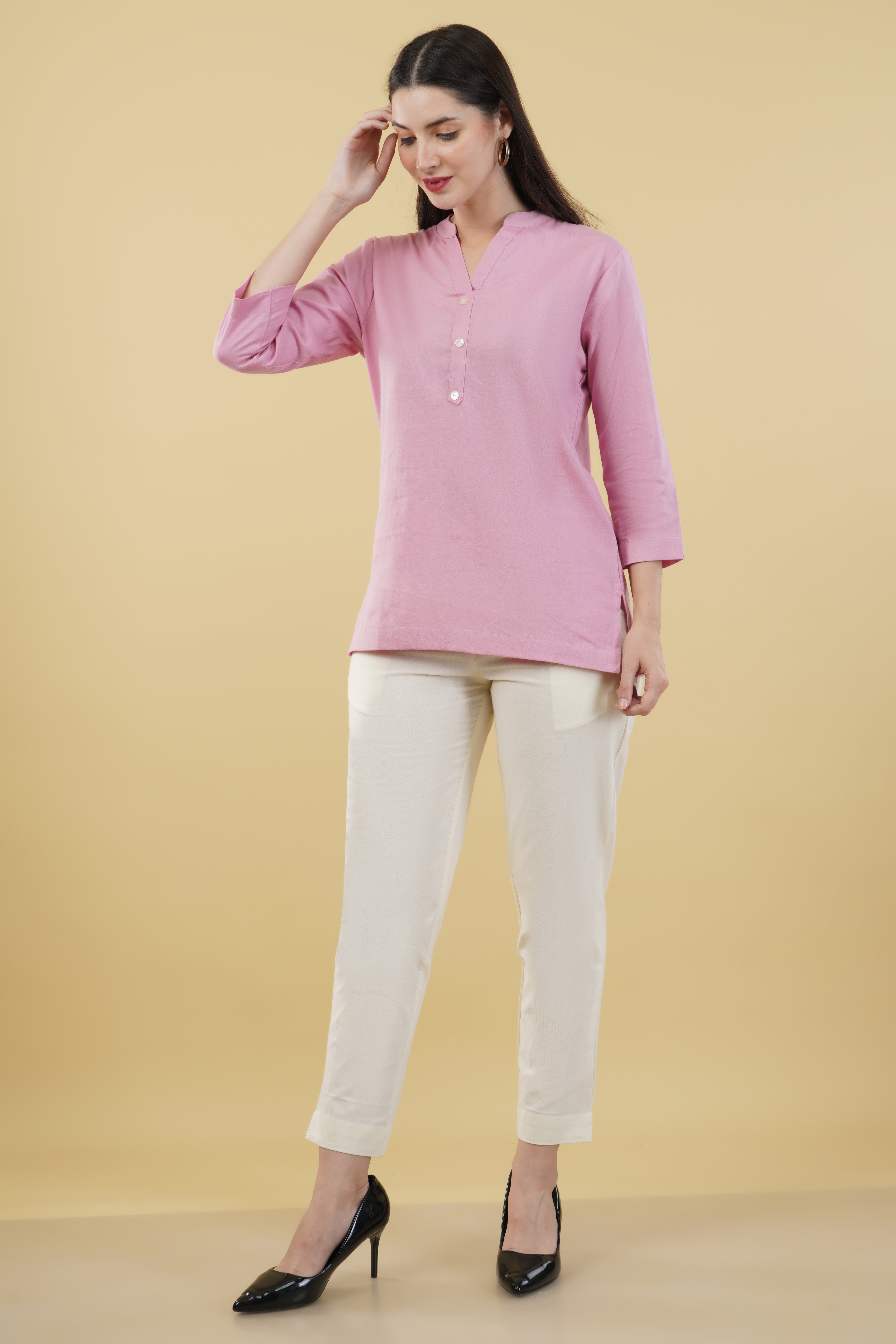 PINK LINEN SHORT KURTA - SKYTICK PINK LINEN SHORT KURTA - SKYTICK