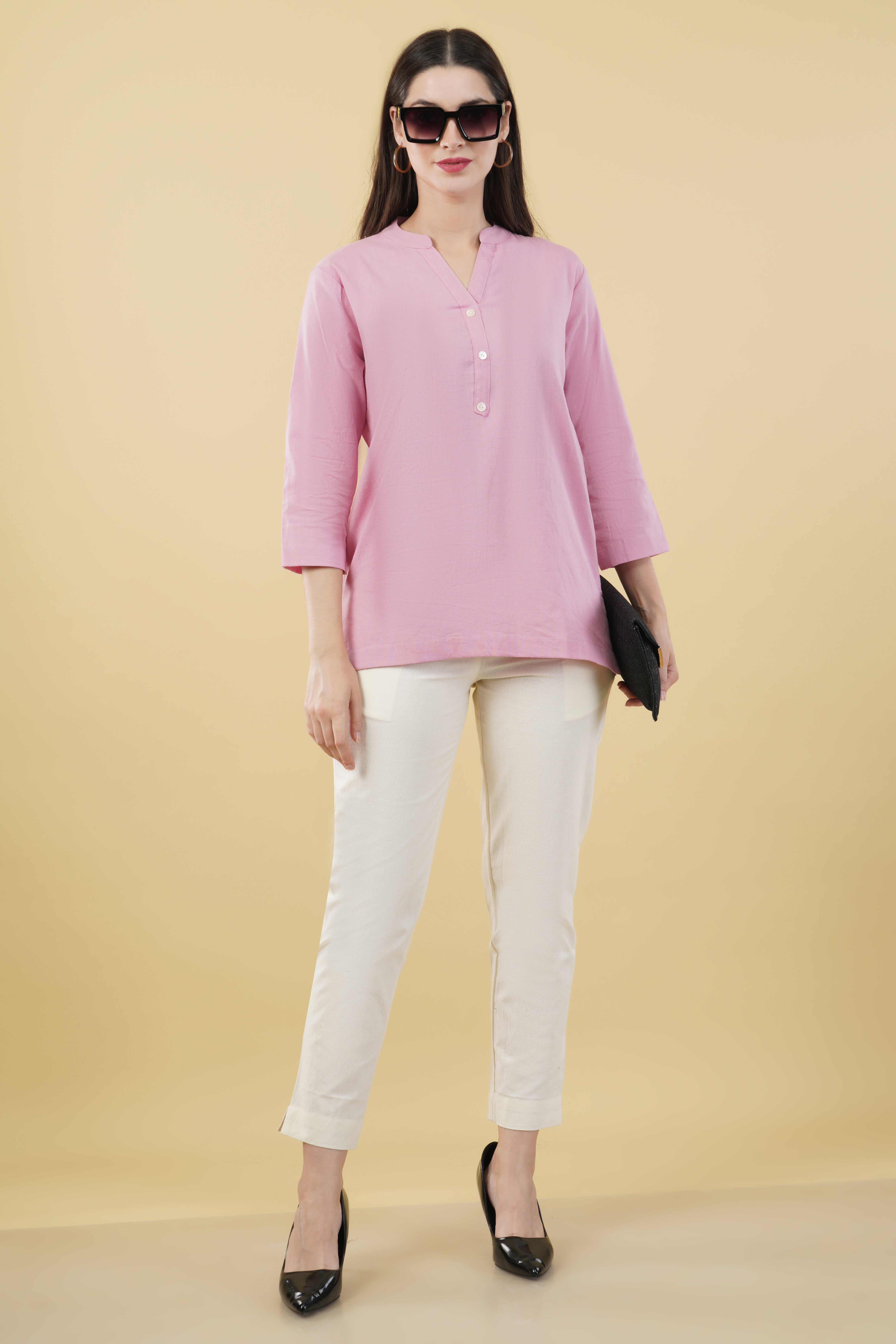 PINK LINEN SHORT KURTA - SKYTICK PINK LINEN SHORT KURTA - SKYTICK