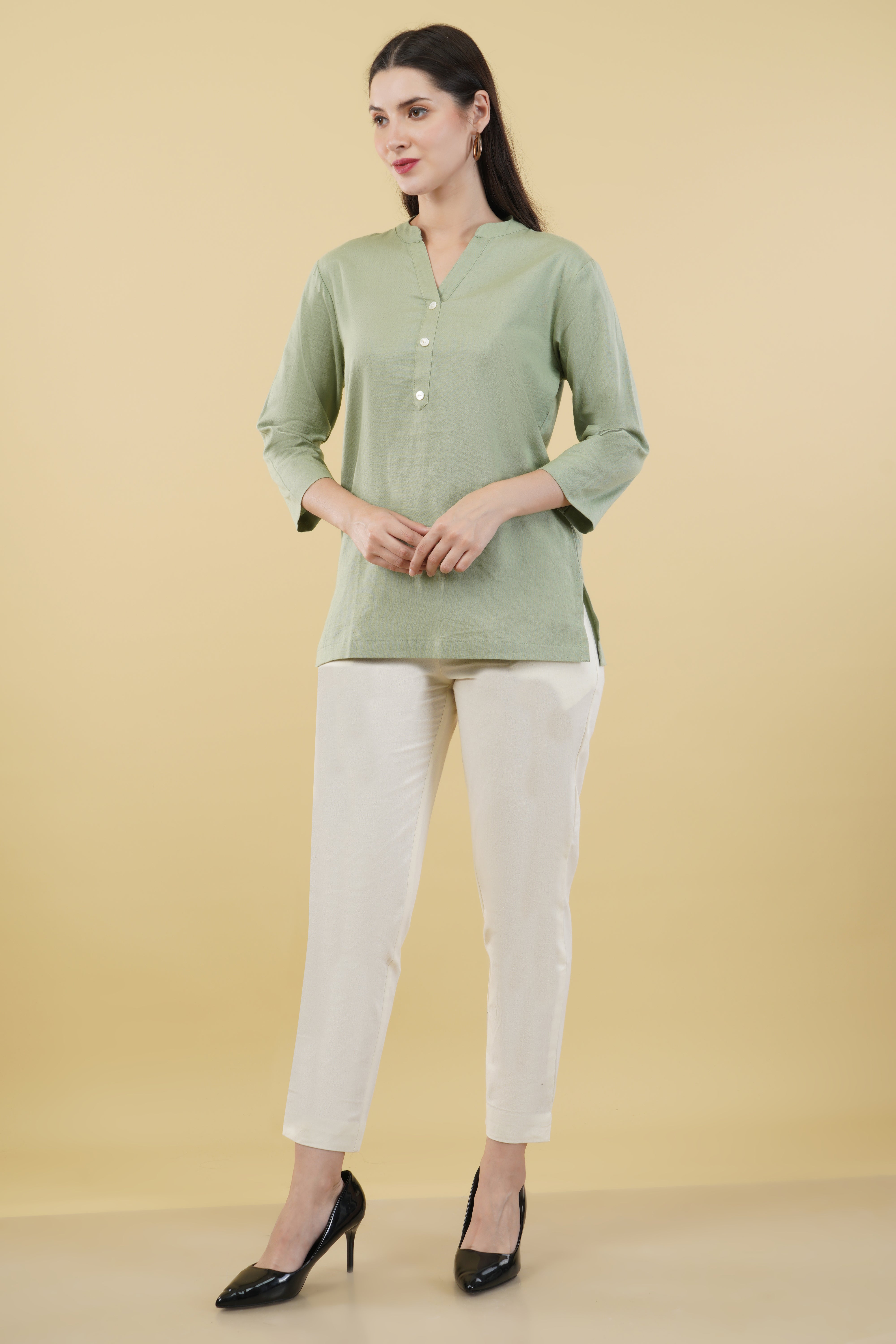 MINT GREEN LINEN SHORT KURTA - SKYTICK MINT GREEN LINEN SHORT KURTA - SKYTICK