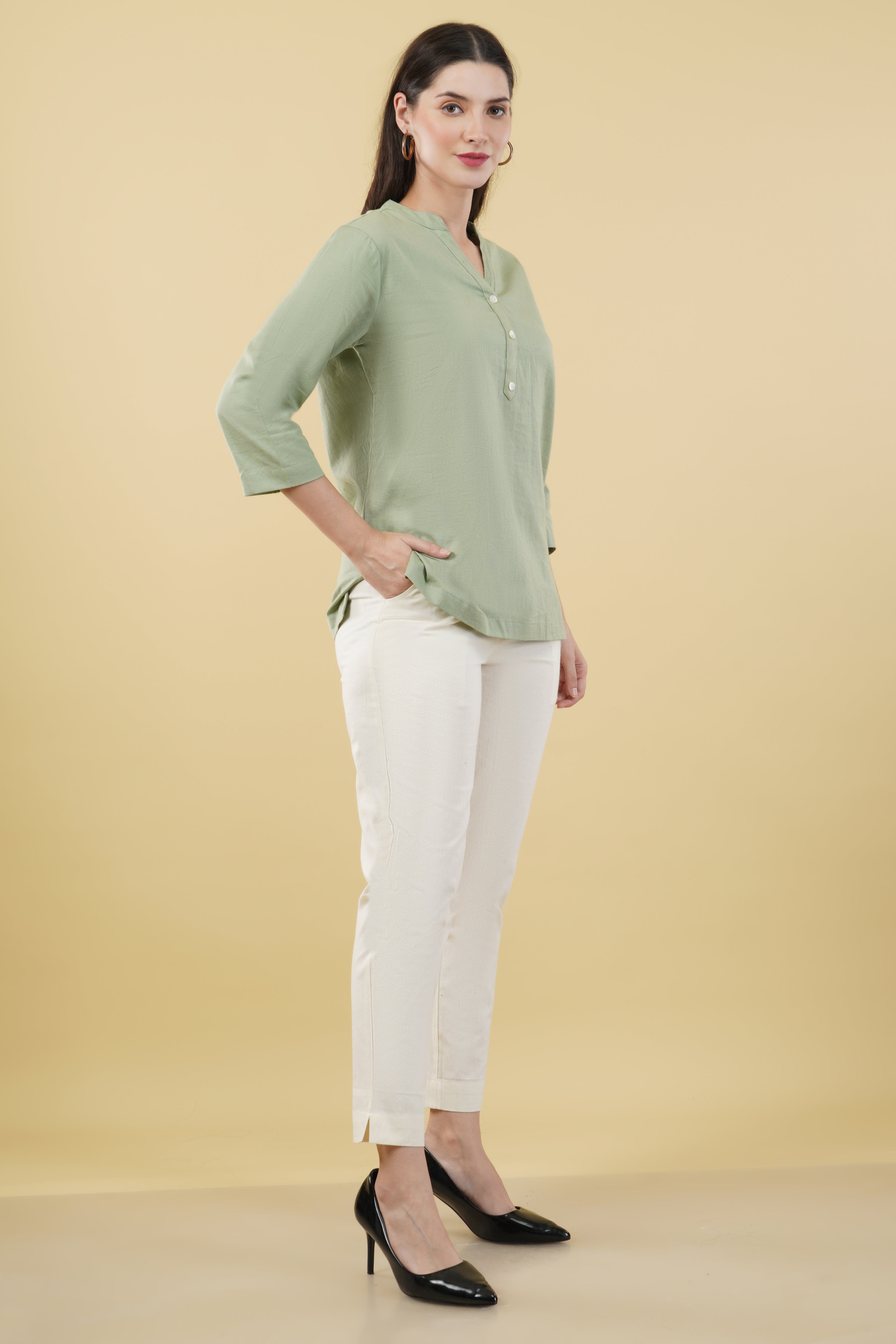 MINT GREEN LINEN SHORT KURTA - SKYTICK MINT GREEN LINEN SHORT KURTA - SKYTICK