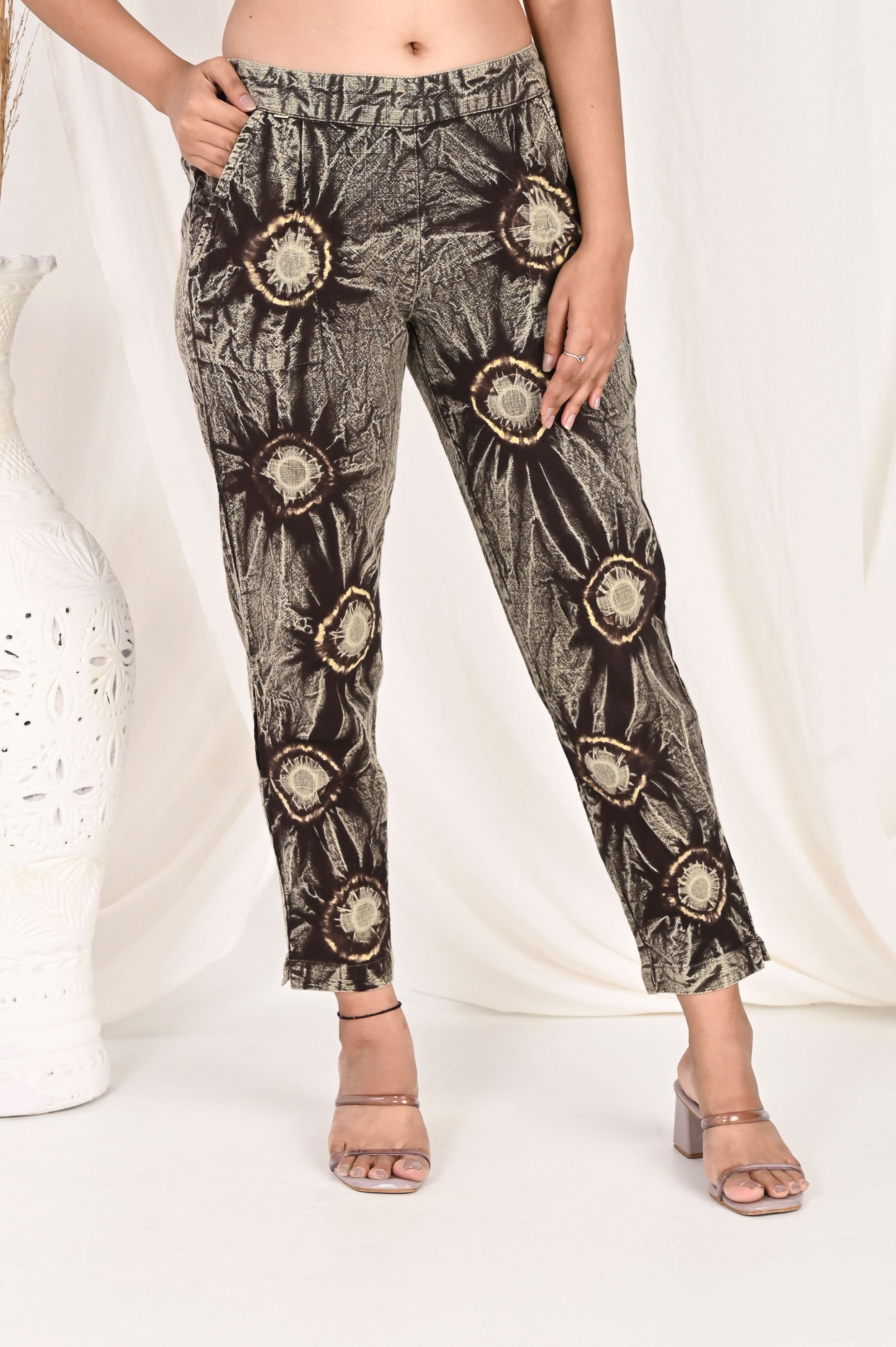 COFFEE BROWN BANDHEJ COTTON PANTS - SKYTICK COFFEE BROWN BANDHEJ COTTON PANTS - SKYTICK