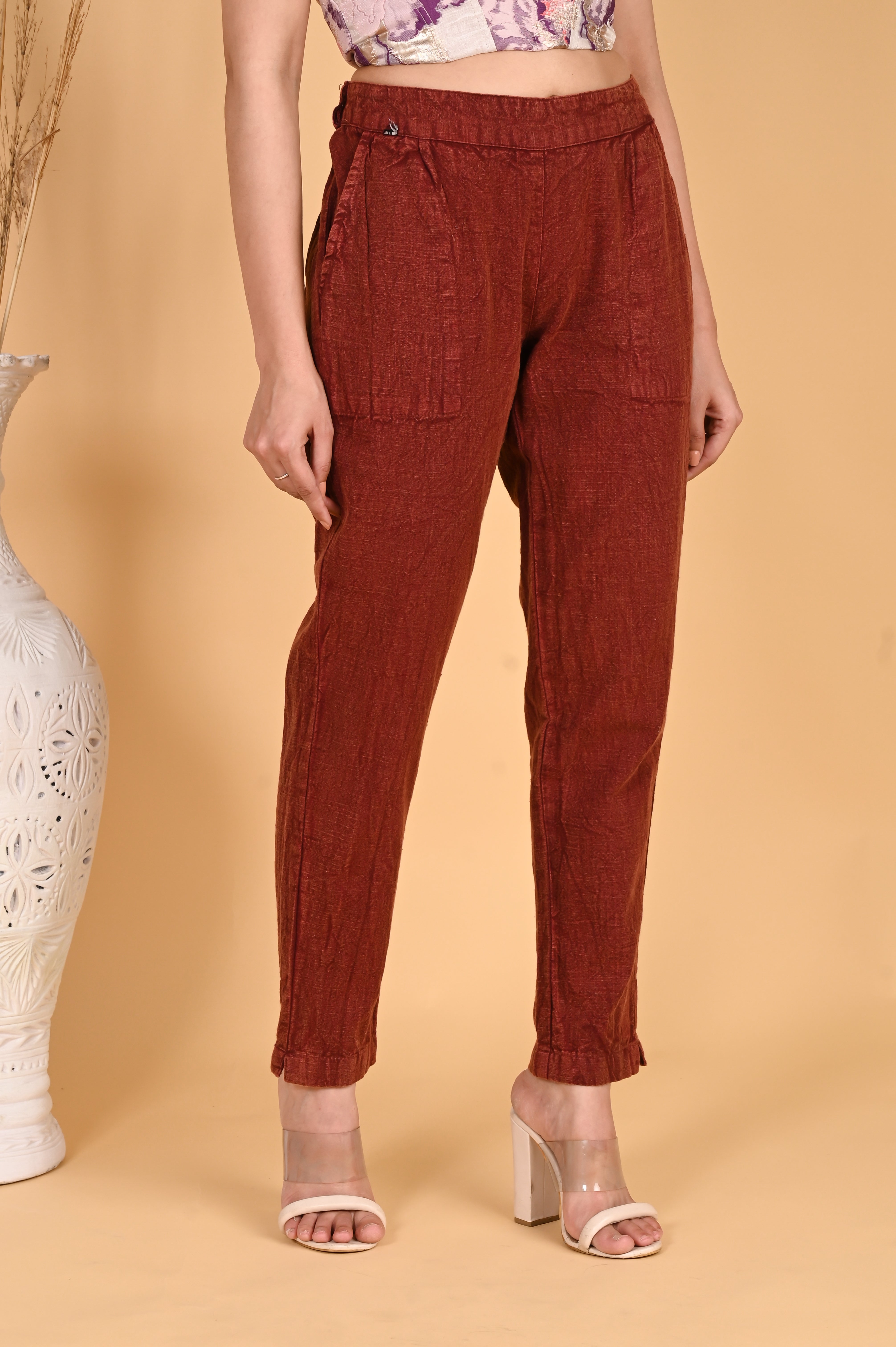 MAROON DENIM COTTON PANTS - SKYTICK MAROON DENIM COTTON PANTS - SKYTICK