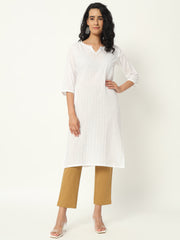 White Cotton Pintuck Long Kurta - SKYTICK