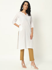 White Cotton Pintuck Long Kurta - SKYTICK