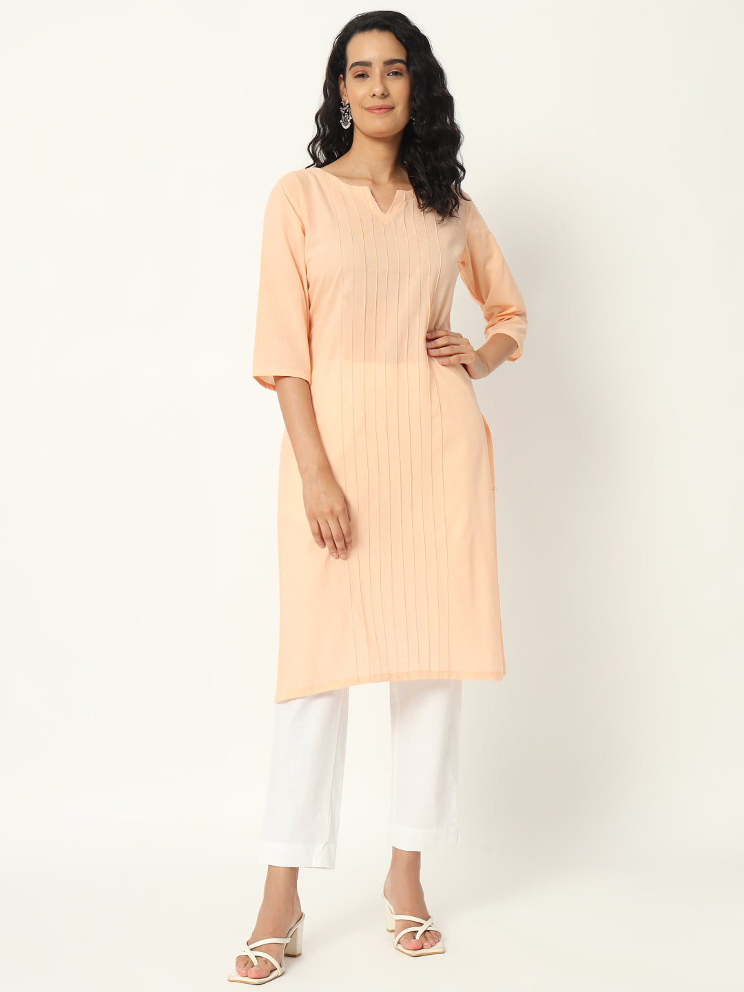 Peach Cotton Pintuck Long Kurta - SKYTICK