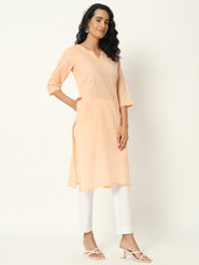 Peach Cotton Pintuck Long Kurta - SKYTICK