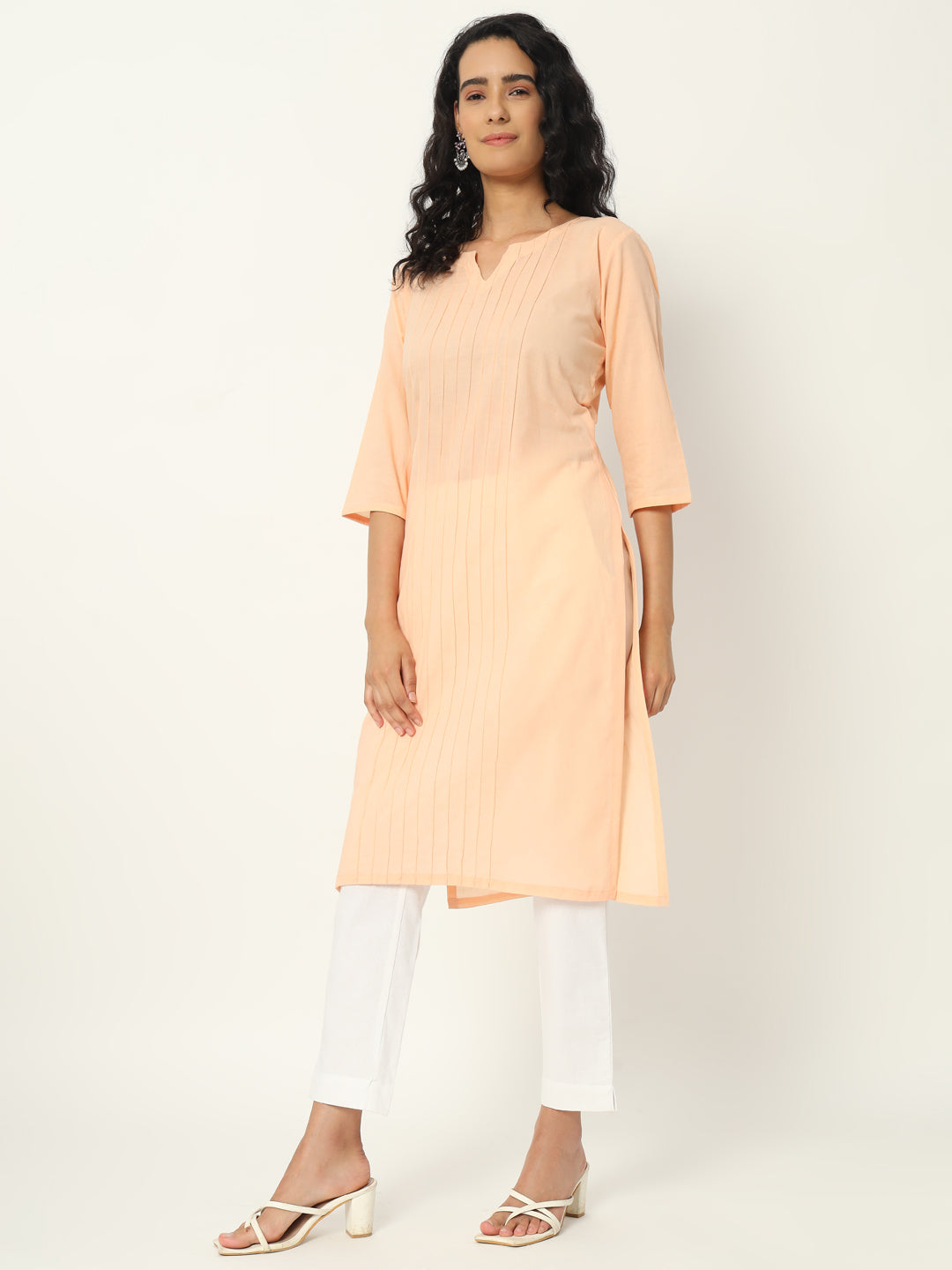 Peach Cotton Pintuck Long Kurta - SKYTICK