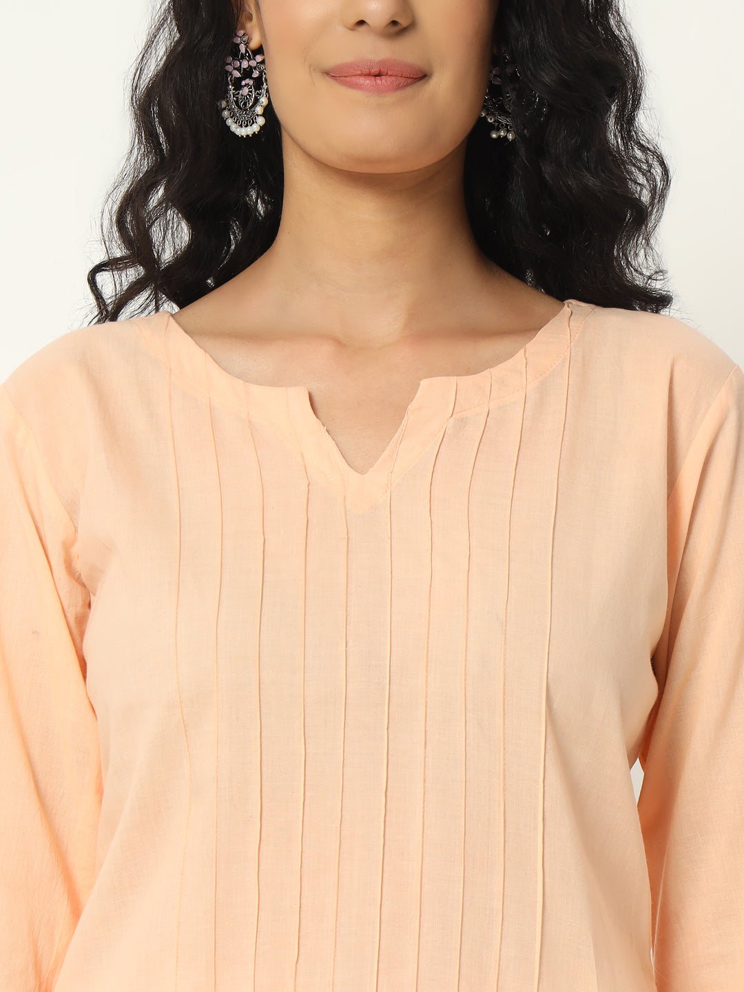 Peach Cotton Pintuck Long Kurta - SKYTICK