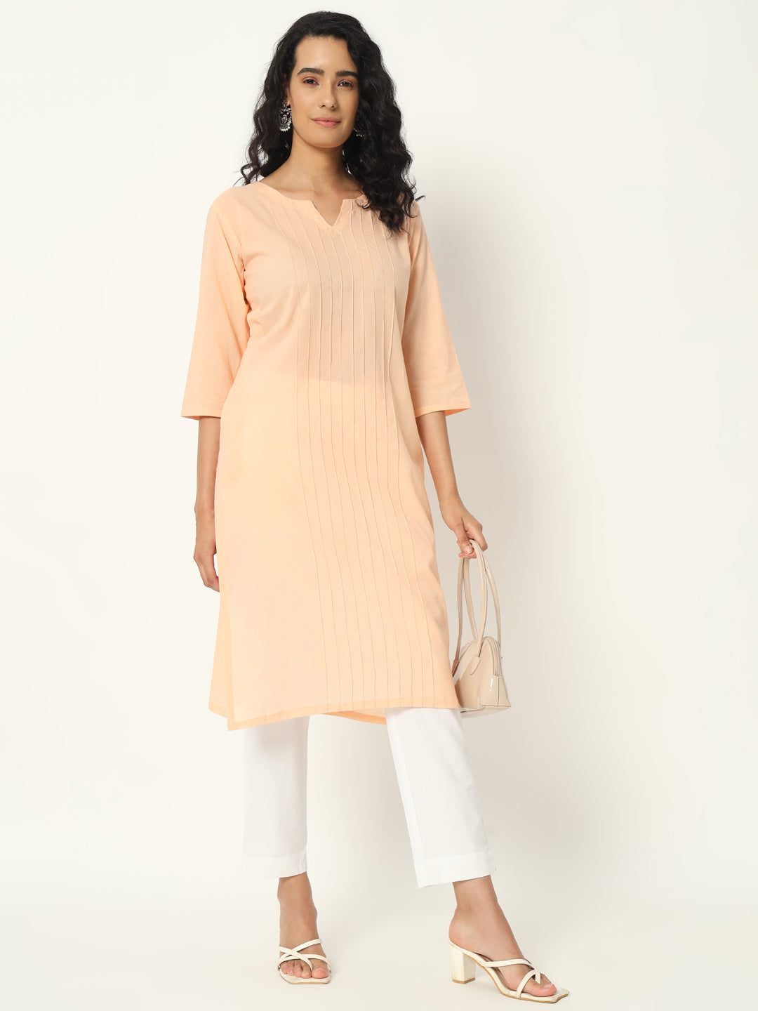 Peach Cotton Pintuck Long Kurta - SKYTICK