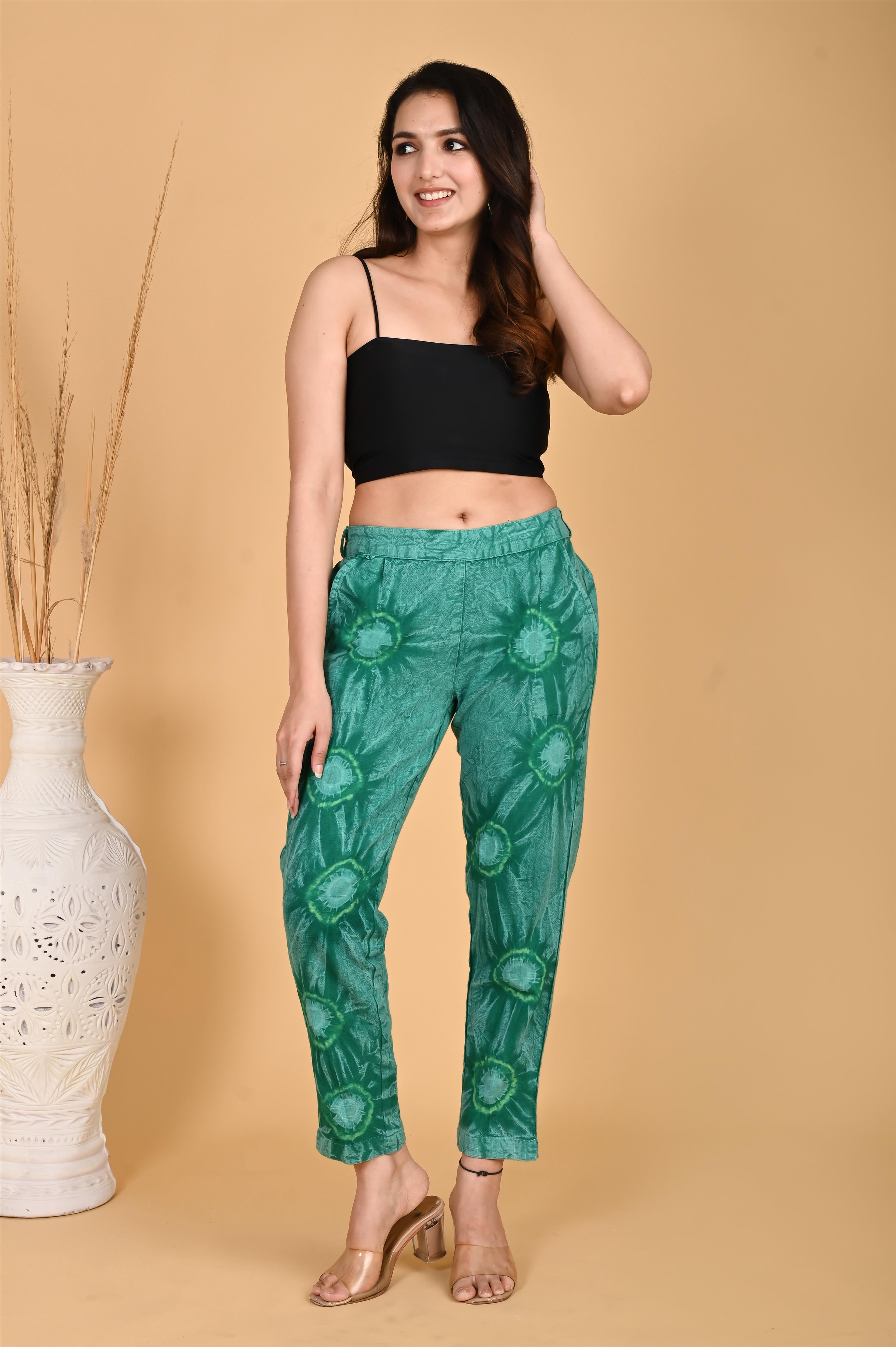 BOTTLE GREEN BANDHEJ COTTON PANTS - SKYTICK