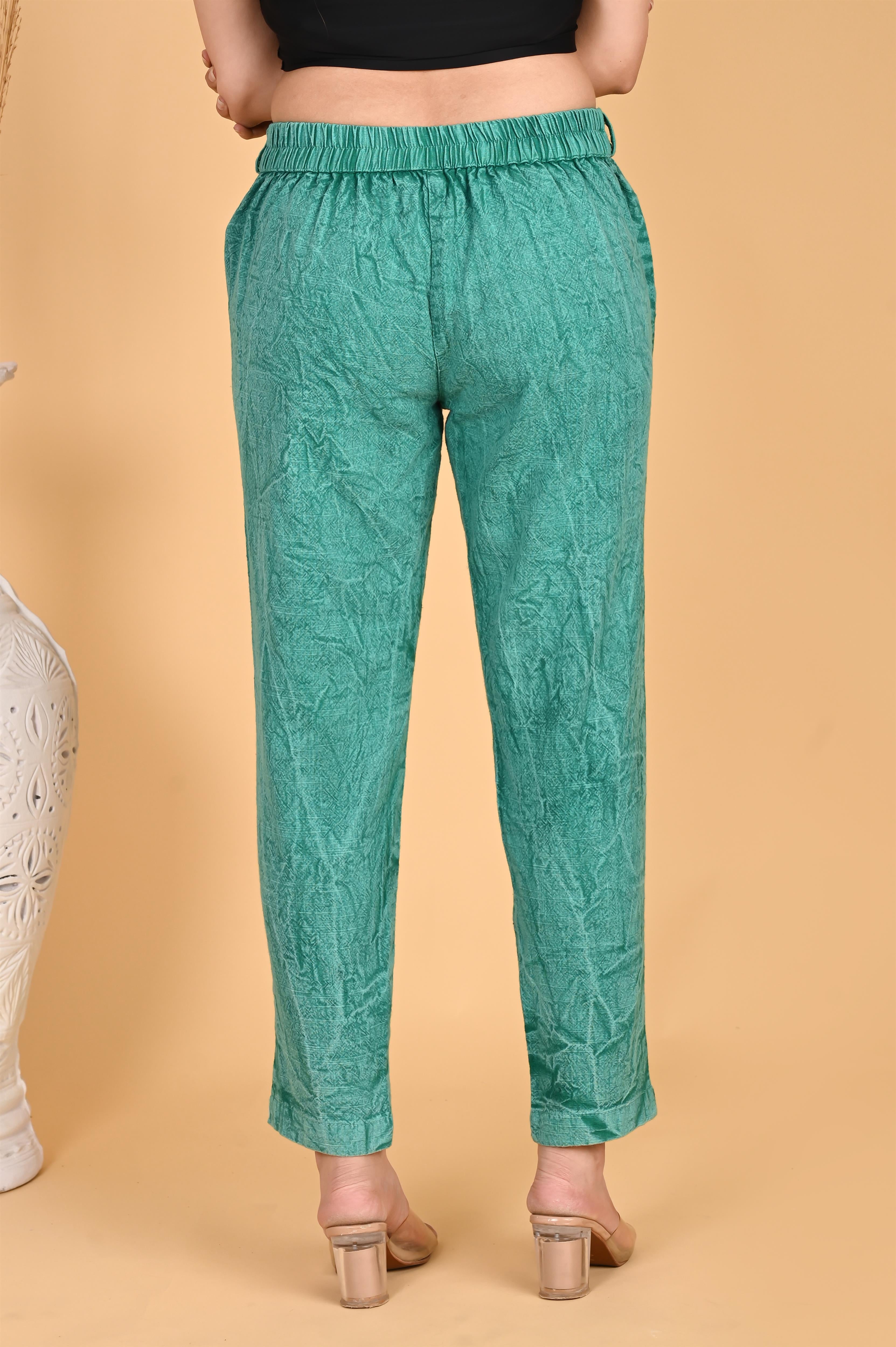 BOTTLE GREEN BANDHEJ COTTON PANTS - SKYTICK