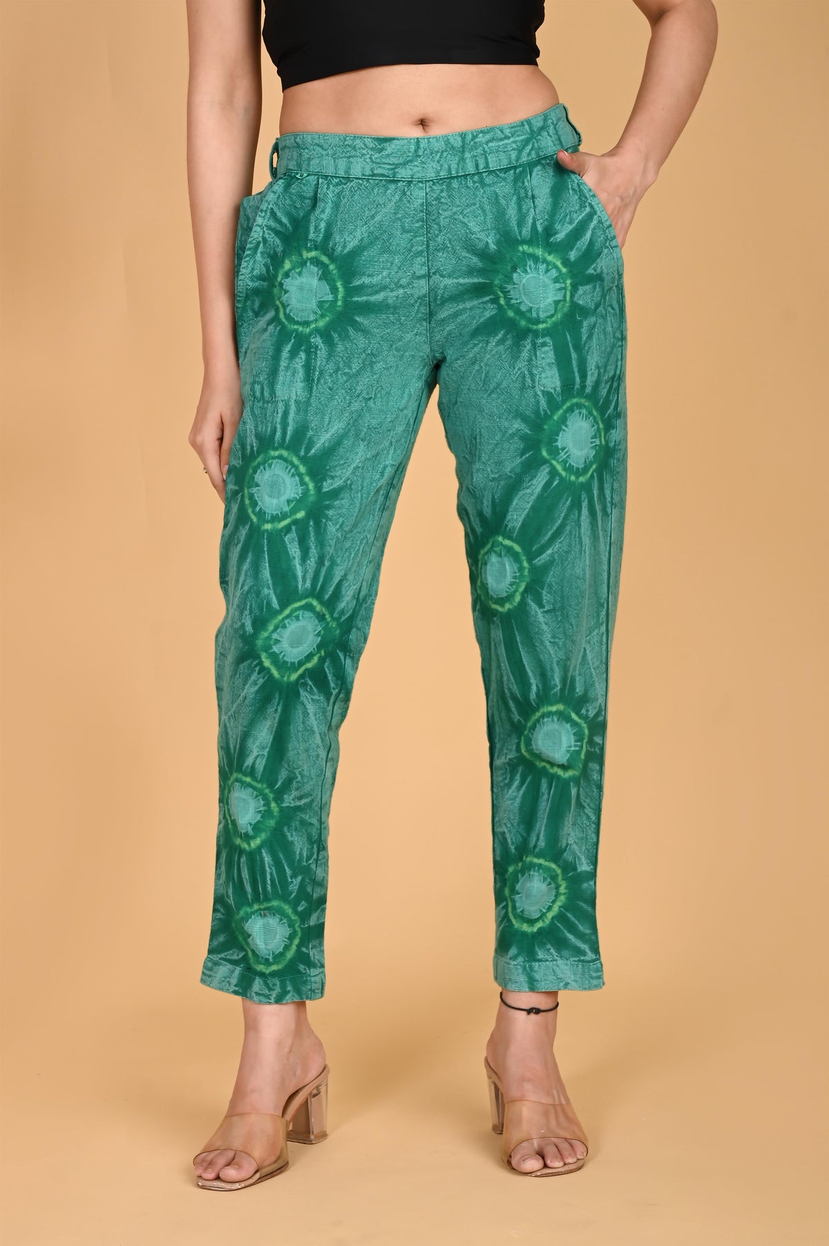 BOTTLE GREEN BANDHEJ COTTON PANTS - SKYTICK