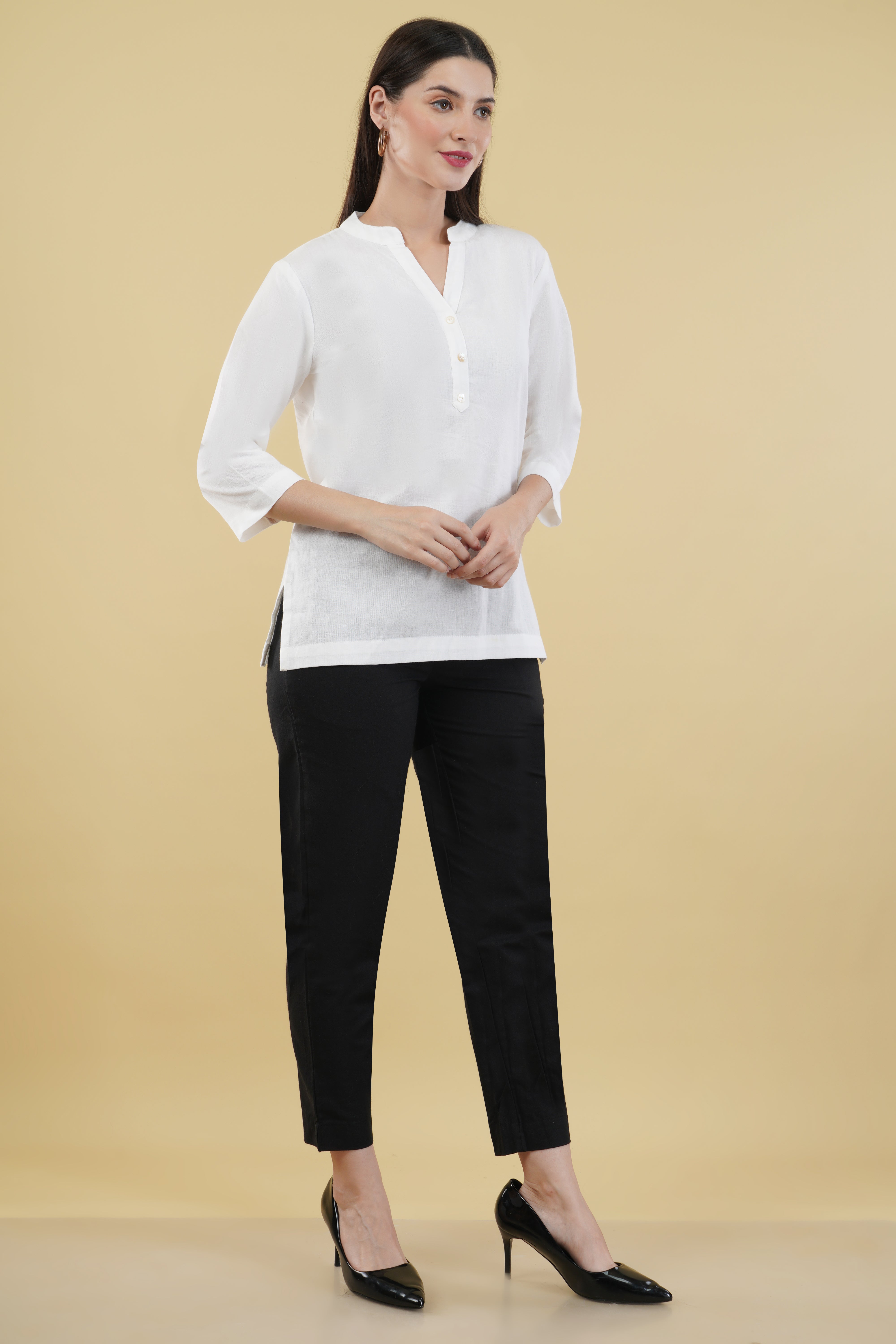 WHITE LINEN SHORT KURTA - SKYTICK