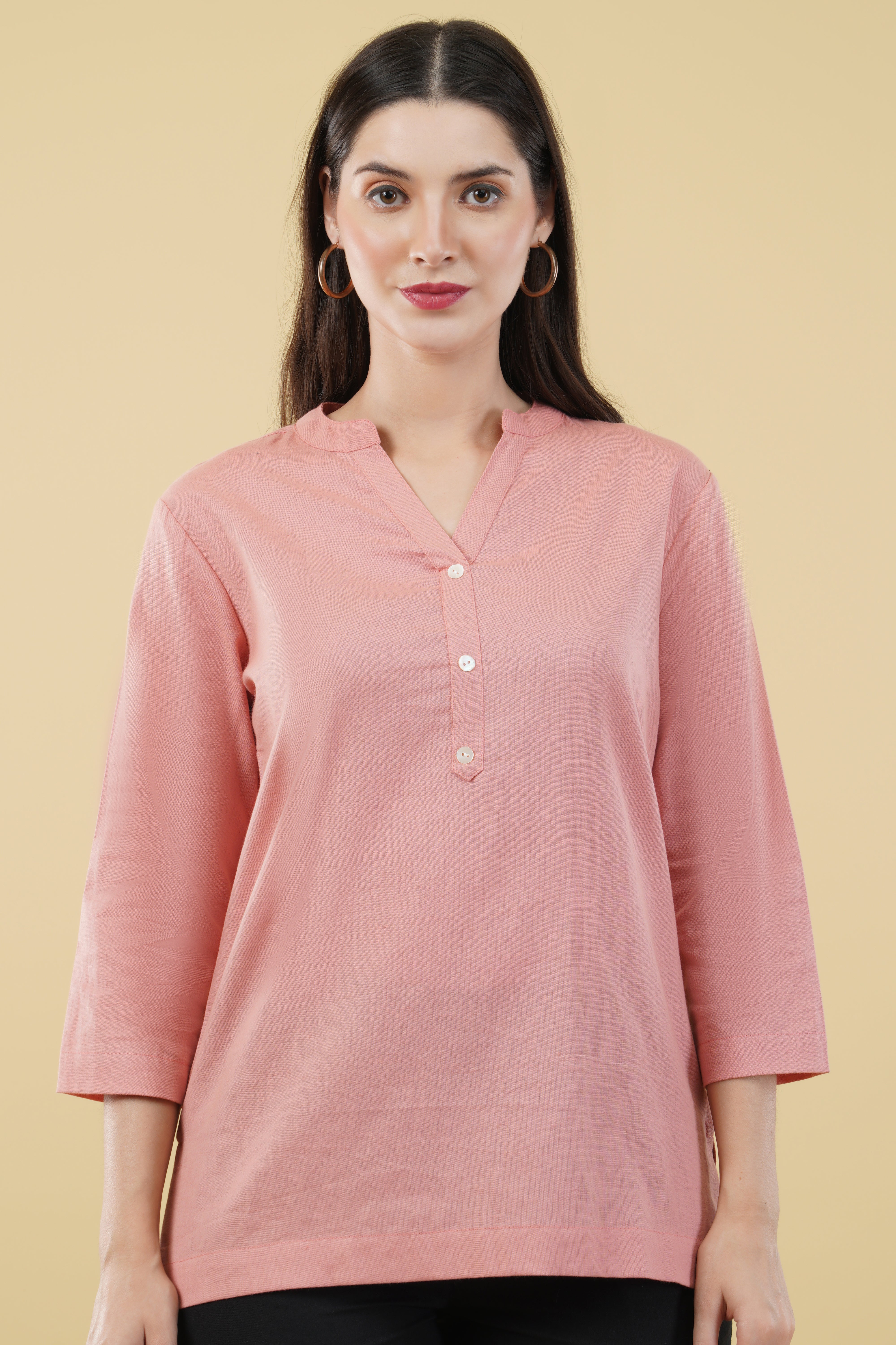 PEACH LINEN SHORT KURTA - SKYTICK