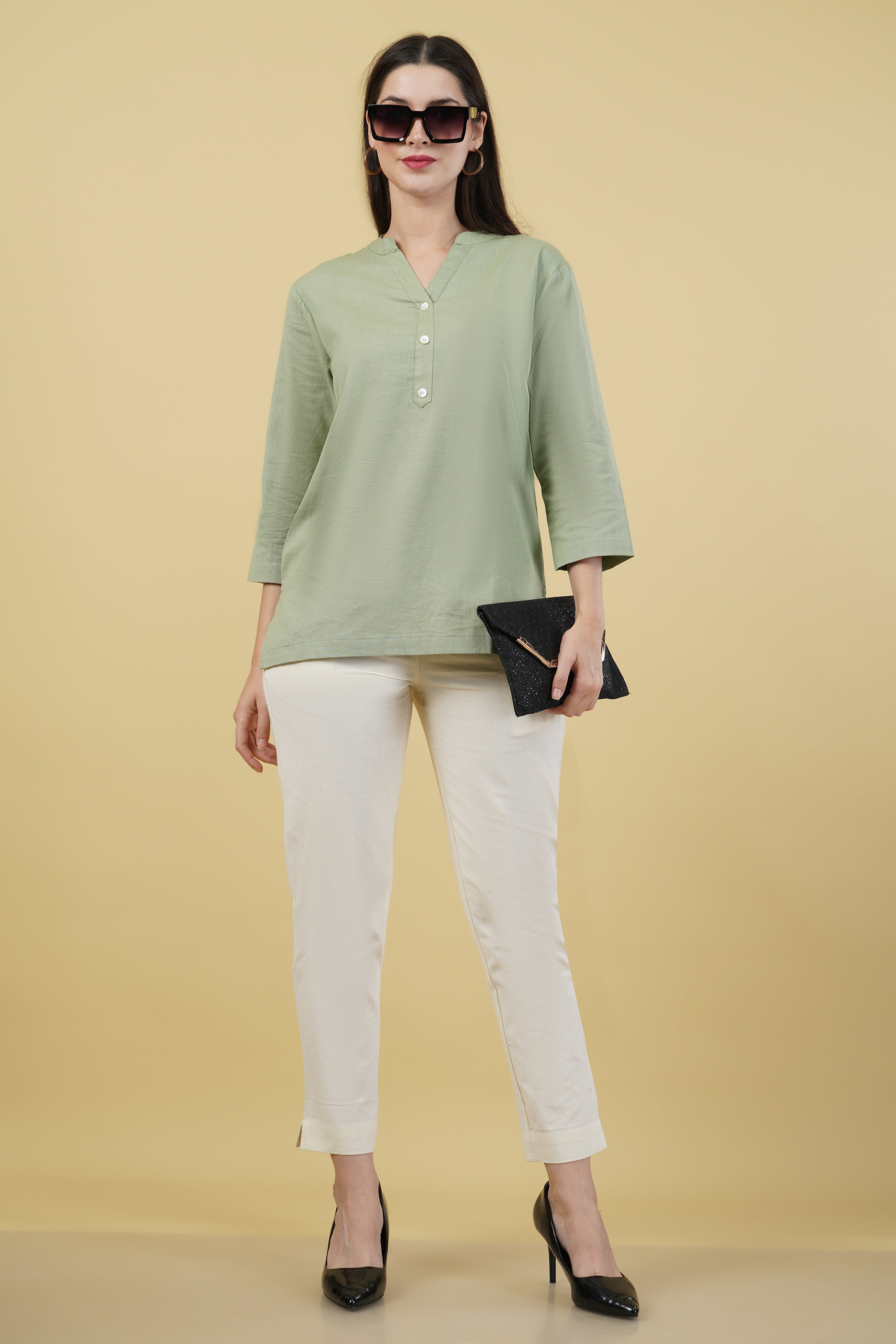 MINT GREEN LINEN SHORT KURTA - SKYTICK