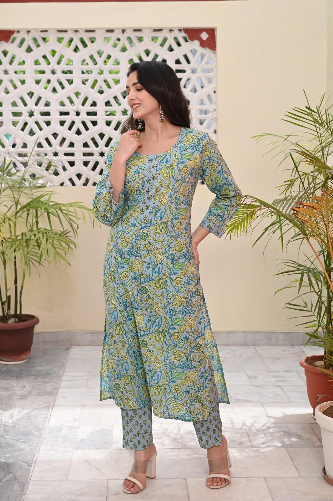 LEAF PRINTED COTTON KURTA PANT SET - SKYTICK