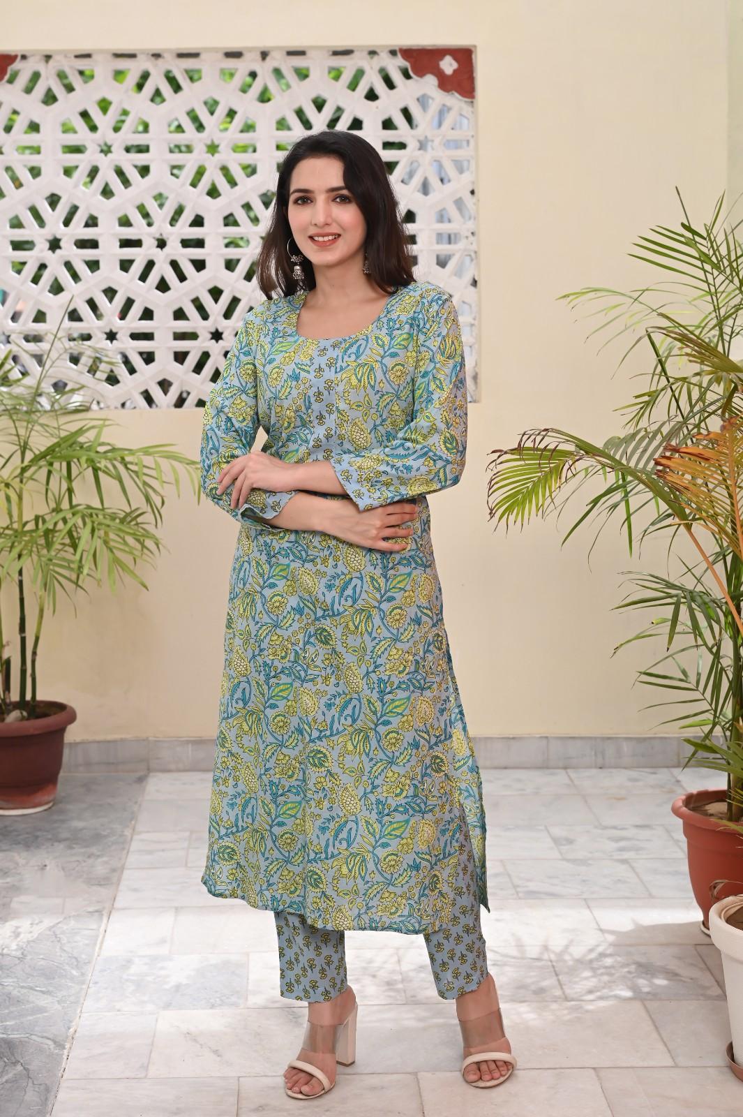 LEAF PRINTED COTTON KURTA PANT SET - SKYTICK