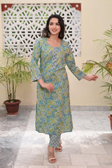 LEAF PRINTED COTTON KURTA PANT SET - SKYTICK