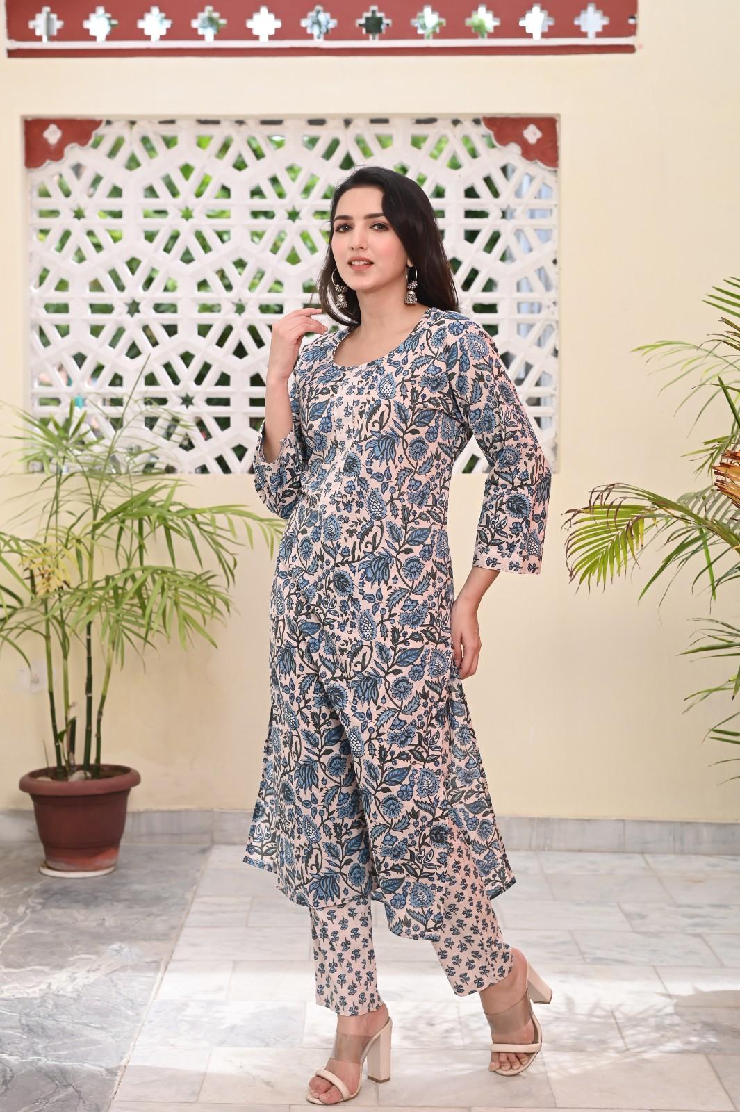 LEAF PRINTED COTTON KURTA PANT SET - SKYTICK