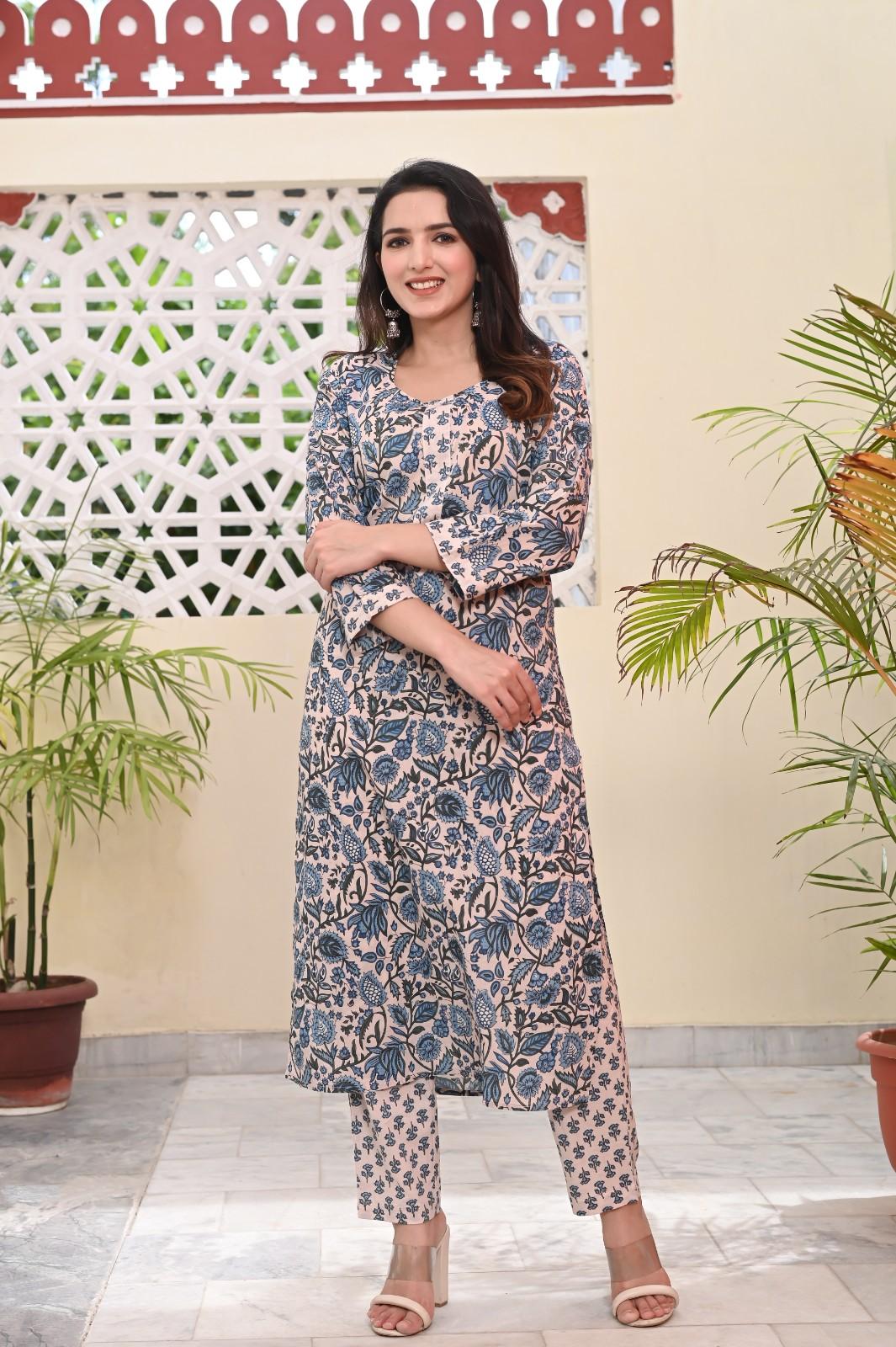 LEAF PRINTED COTTON KURTA PANT SET - SKYTICK