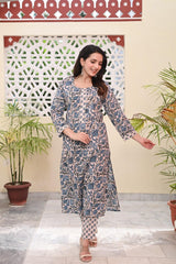 LEAF PRINTED COTTON KURTA PANT SET - SKYTICK