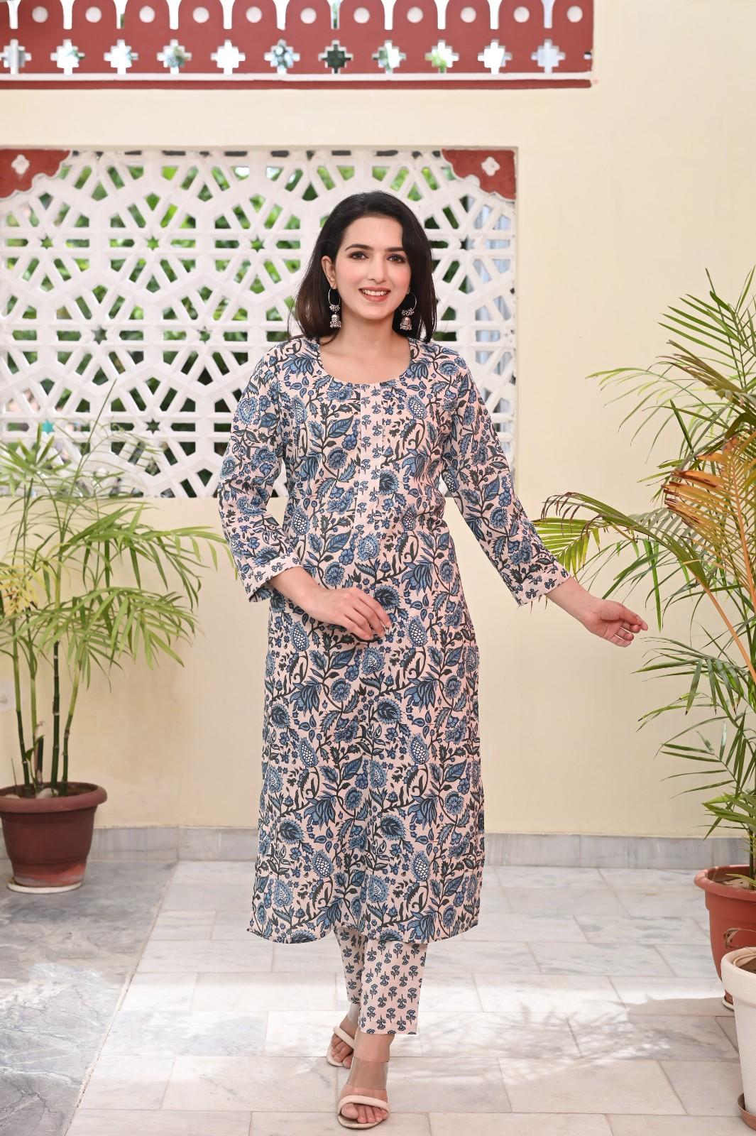 LEAF PRINTED COTTON KURTA PANT SET - SKYTICK