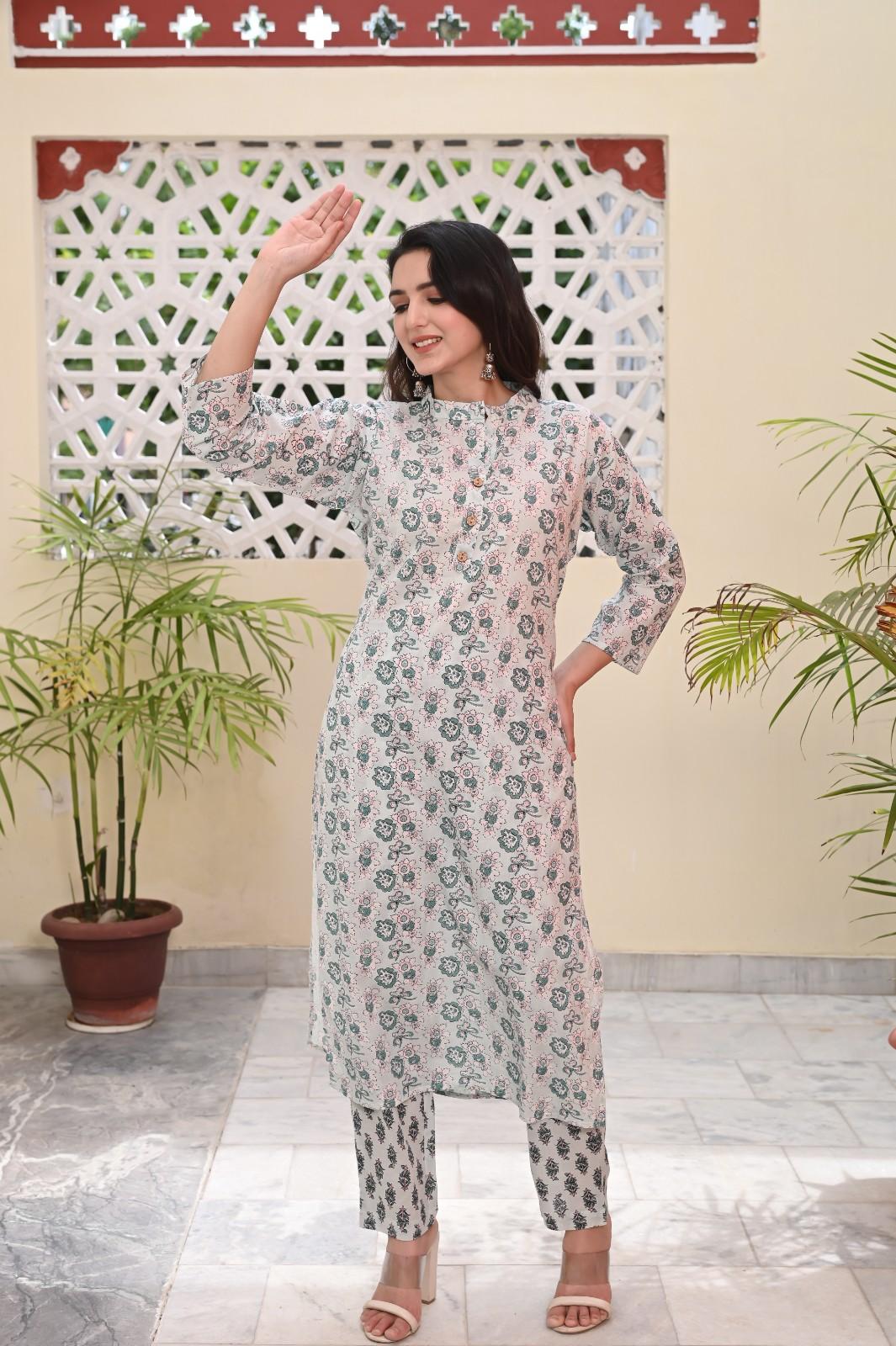 FLORAL GREY PRINTED COTTON KURTA PANT SET