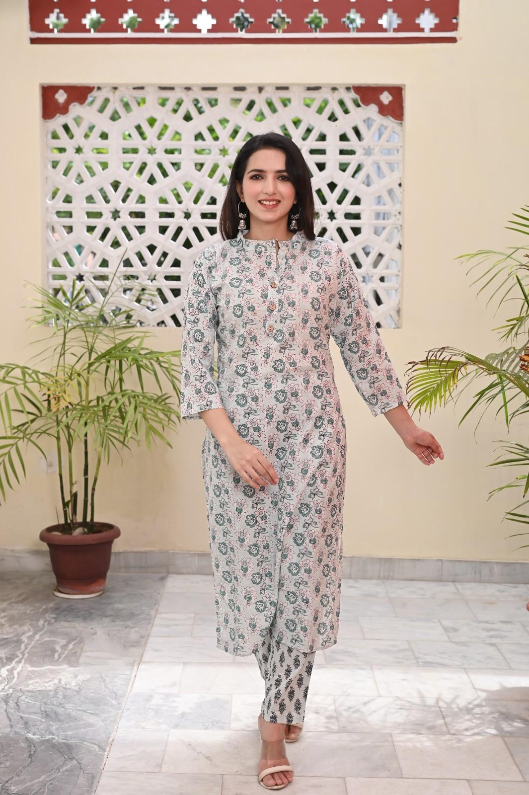 FLORAL GREY PRINTED COTTON KURTA PANT SET