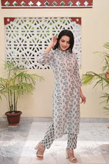 FLORAL GREY PRINTED COTTON KURTA PANT SET