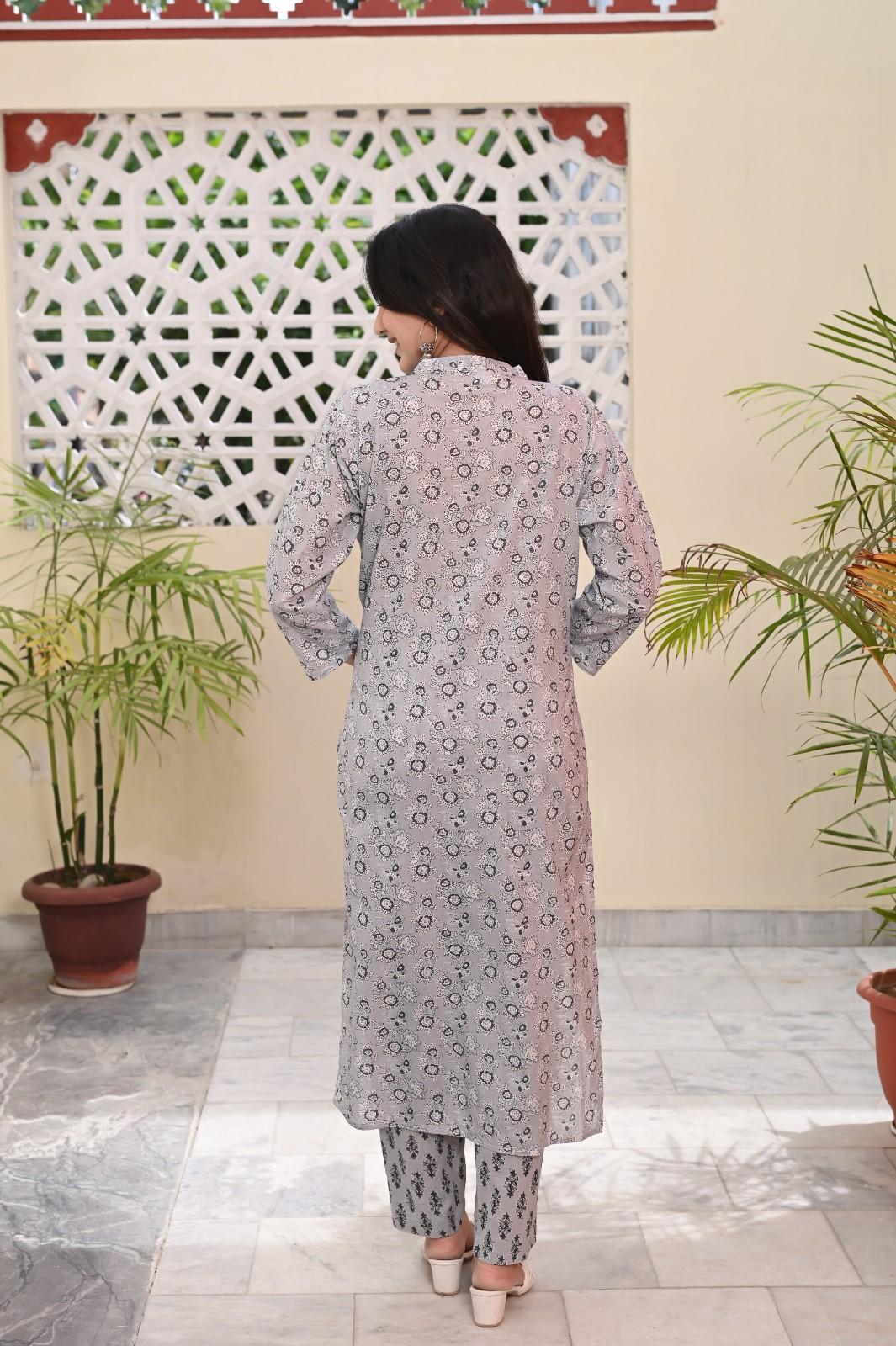 FLORAL GREY PRINTED COTTON KURTA PANT SET