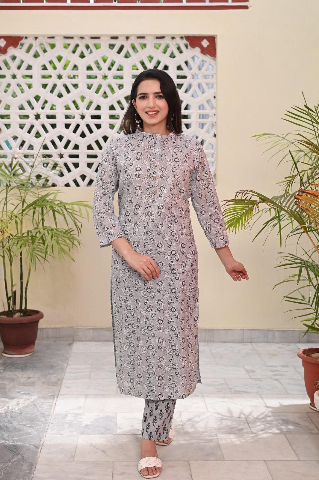 FLORAL GREY PRINTED COTTON KURTA PANT SET