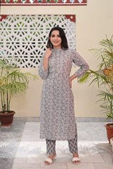 FLORAL GREY PRINTED COTTON KURTA PANT SET