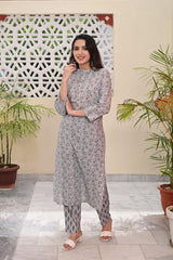 FLORAL GREY PRINTED COTTON KURTA PANT SET