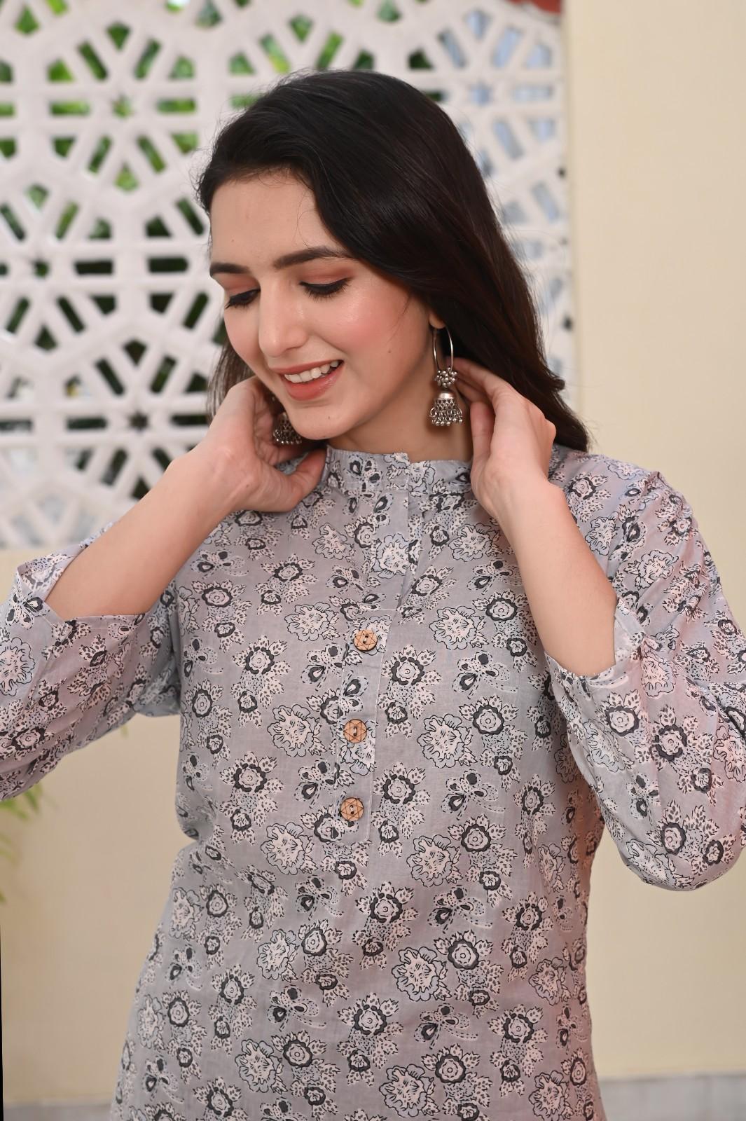 FLORAL GREY PRINTED COTTON KURTA PANT SET