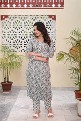 FLOWER PRINTED COTTON KURTA PANT SET - SKYTICK