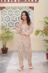 FLOWER PRINTED COTTON KURTA PANT SET - SKYTICK