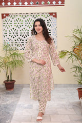 FLOWER PRINTED COTTON KURTA PANT SET - SKYTICK