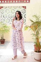 NYRA CUT FLORAL COTTON KURTA PANT SET - SKYTICK