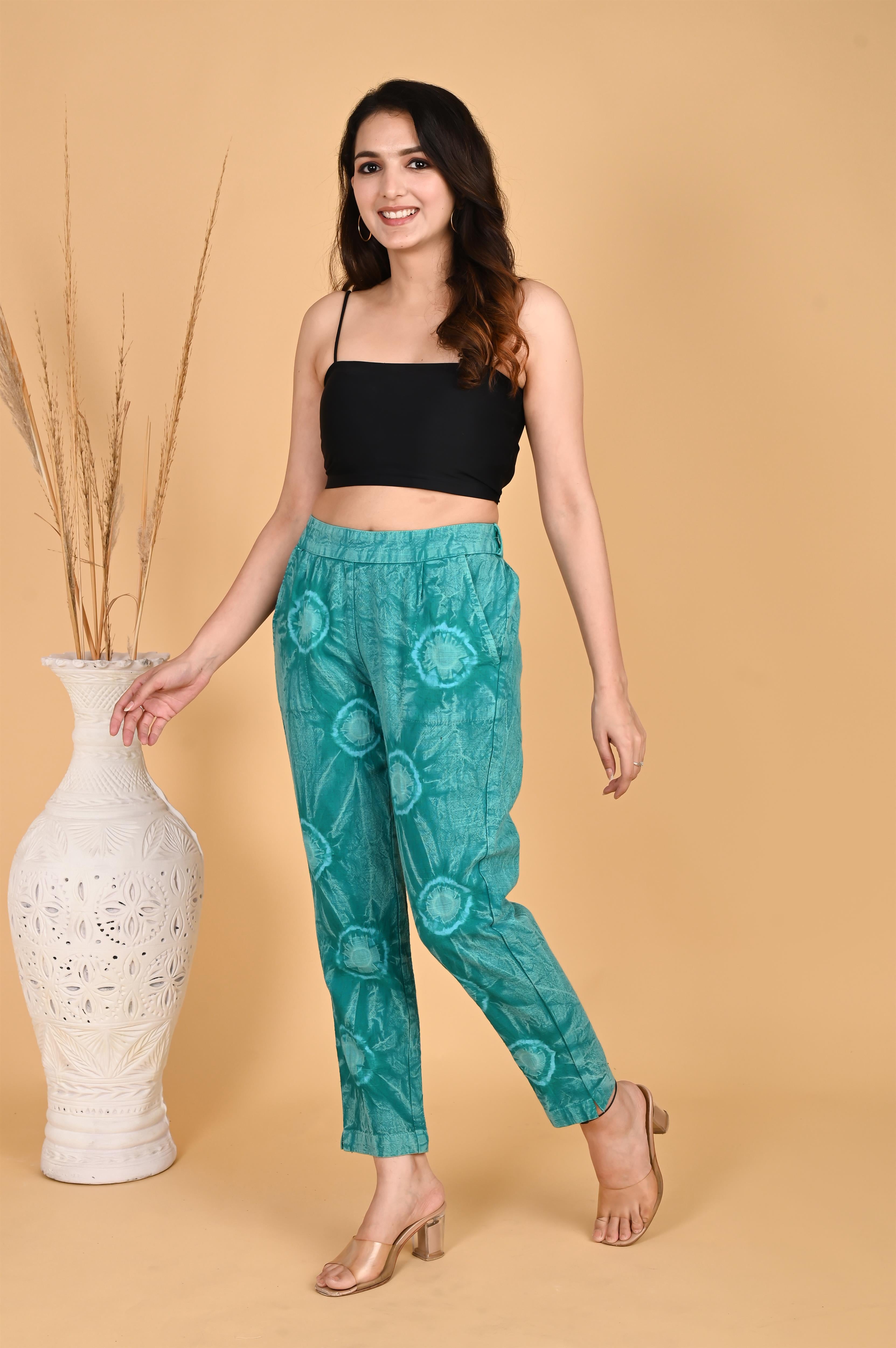 TURQUOISE BLUE BANDHEJ COTTON PANTS - SKYTICK