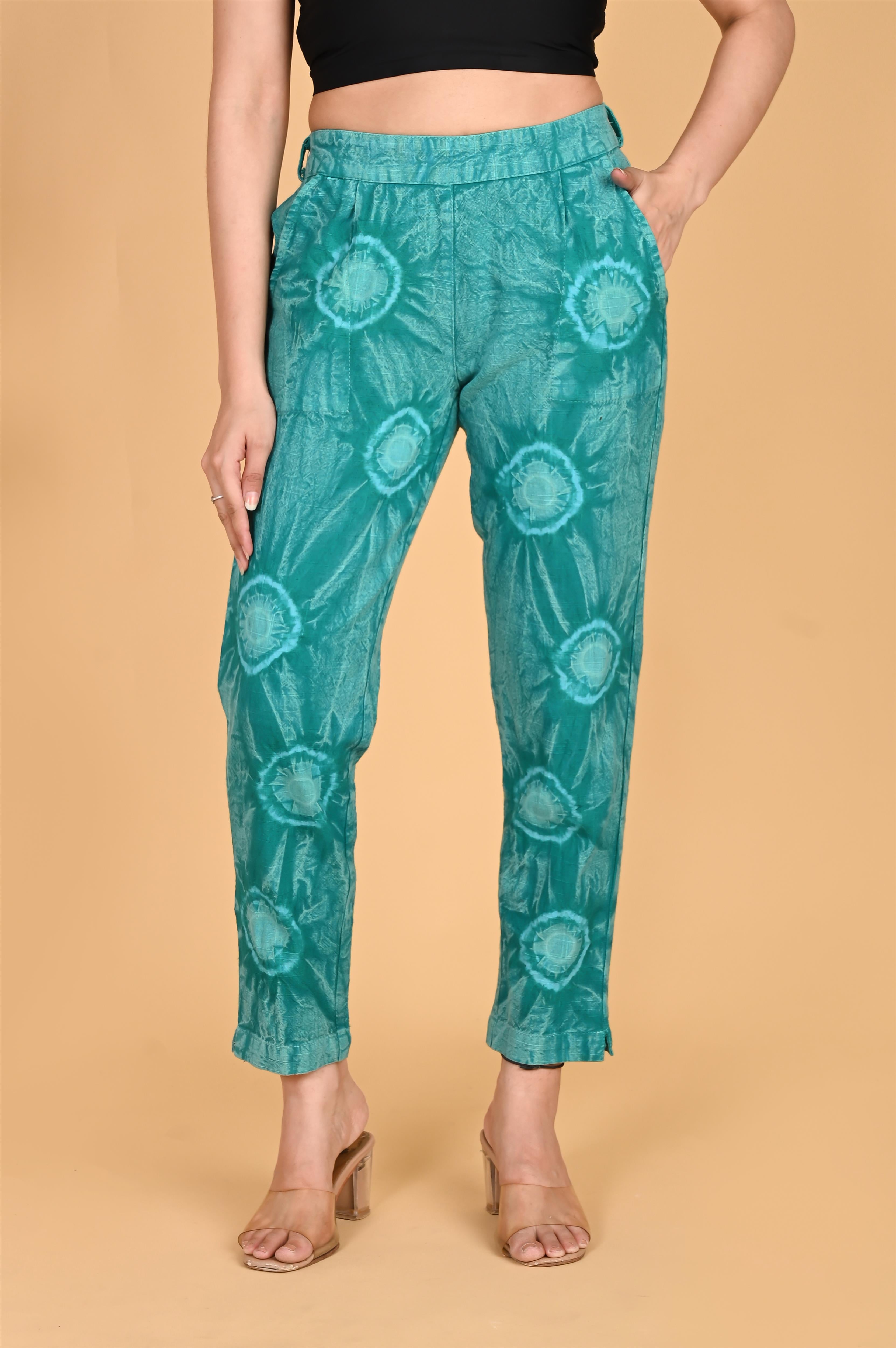 TURQUOISE BLUE BANDHEJ COTTON PANTS - SKYTICK