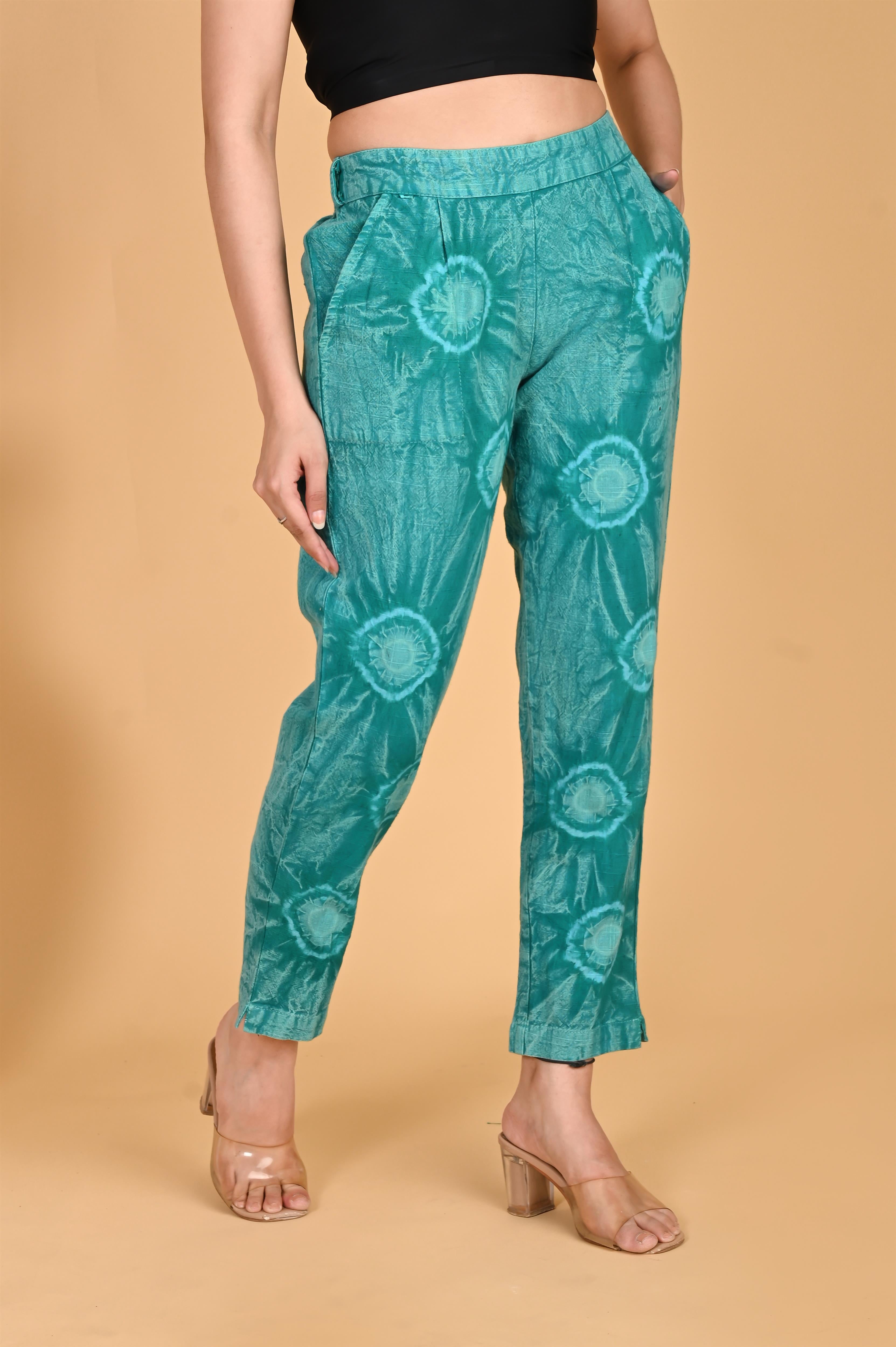 TURQUOISE BLUE BANDHEJ COTTON PANTS - SKYTICK