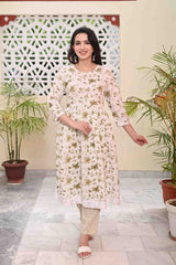 NYRA CUT FLORAL COTTON KURTA PANT SET - SKYTICK